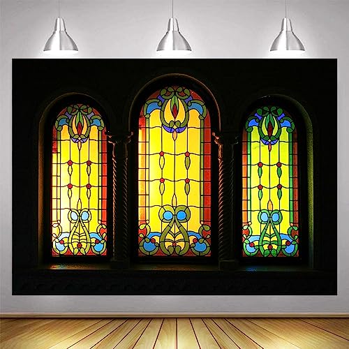 EMTOBT 10x7ft Stained Glass Window Backdrop Vintage Church Cathedral Glass Painting Religion Kid Adult Artistic Portrait Photoshoot Studio Props Video Drape Vinyl BJHJEM0038 - 10x7FT