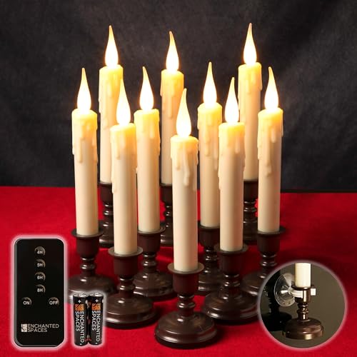 Enchanted Spaces Set of 10 Flameless Ivory LED Window Candles with Heavy Drip Texture, Removable Bronze Candle Holders, 20 AA Batteries, Remote Control with Daily Timer, Window Suction Cups - Bronze - 10pk