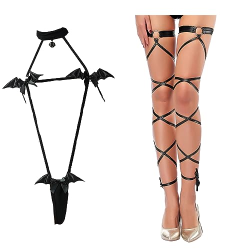 Sexy Bat Evil Bikini,Leg Wraps O Ring Non-Slip Garter Set with Ribbons Black for Women Halloween Cosplay Costume Party - A