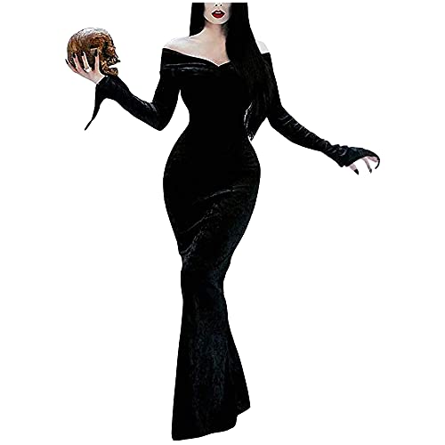 Halloween Addams Costume Cospaly Dress Women's Black Off Shoulder Mermaid V-Neck Long Sleeve Maxi Dress - Morticia - Medium