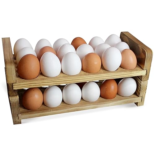 Expandable Stackable Wooden Egg Holder Countertop for 36 Eggs, Rustic Kitchen Decoration, Two-Piece Compact Egg Rack for Counter - Chicken Decor Design - Gui's Chicken Coop (Double Rack) - Double Rack