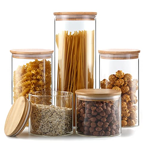 YUNCANG Glass Storage Jars [Set of 5],Clear Glass Food Storage Containers with Airtight Bamboo Lid Stackable Kitchen Canisters for Candy,Cookie,Rice,Sugar,Flour,Pasta,Nuts and Spice Jars - Round