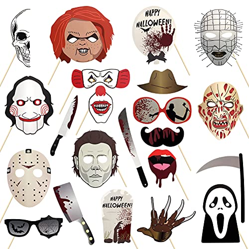 22 Pcs Halloween Photo Booth Props Sign Kit - Spooky Skull Mask Death Day Fiesta Décor - Autumn Fall Friday 13th Halloween Selfie Dress-up Props Decoration