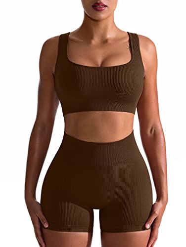 OQQ Workout Outfits for Women 2 Piece Seamless Ribbed High Waist Leggings with Sports Bra Exercise Set… - Coffee - Medium