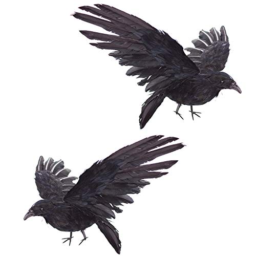 2-Pack Realistic Crows Lifesize Extra Large Handmade Black Feathered Crow for Halloween Decorations Birds, XL (15 inch+15 inch) - XL (15in+15in)