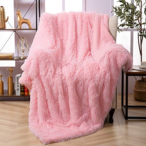Faux Fur Throw Blanket, Super Soft Lightweight Shaggy Fuzzy Blanket Warm Cozy Plush Fluffy Decorative Blanket for Couch,Bed, Chair(60"x80", Pink) - Pink - Twin