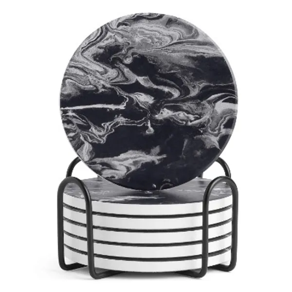 LIFVER Coasters with Holder, Set of 6 Coasters for Drinks Absorbent Stone, Black Marble Style Ceramic Drink Coaster for Tabletop Protection