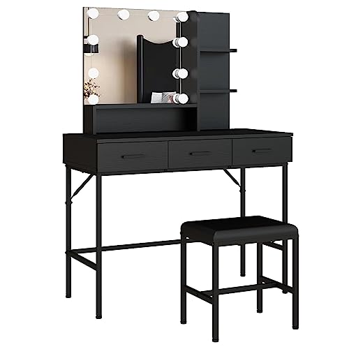 Vanity Table with Lighted Mirror, 3 Drawers Makeup Desk Dressing Table with Lots Storage Vanity Set with Wider Cushioned Stool for Bedroom (Black) - Black