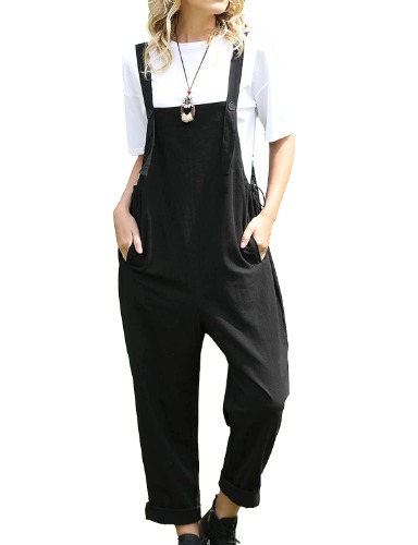 YESNO Women Casual Loose Bib Pants Overalls Baggy Cotton Harem Jumpsuits Rompers with Pockets PV2 - Large - 1- Pv2 Black