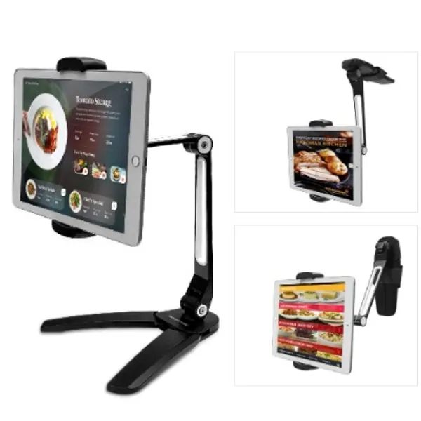 AboveTEK Long Arm Tablet Stand – HighFlex 360 Superior Strength Portable 4.7-13.5" Universal Tablet Stand & Phone Holder for Kitchen, Counter & Wall – 4 PT Wobble Free Mount (12.9-22.4 CM/Black)