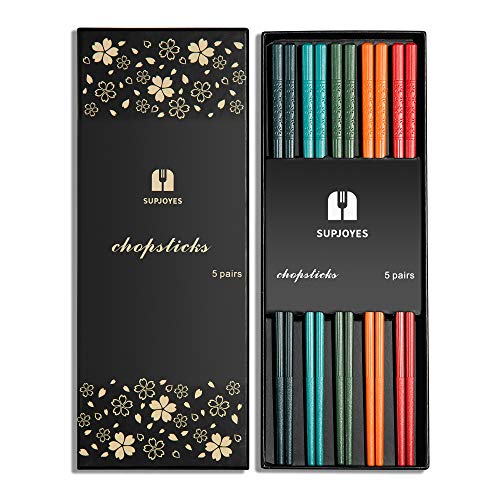 SUPJOYES 5 Pairs Fiberglass Chopsticks - Multicolor Reusable Chopsticks Dishwasher Safe, Japanese Chinese Chop Sticks with Cherry Blossom Pattern, 9 1/2 Inches - Colorful Sakura (5 Pairs)