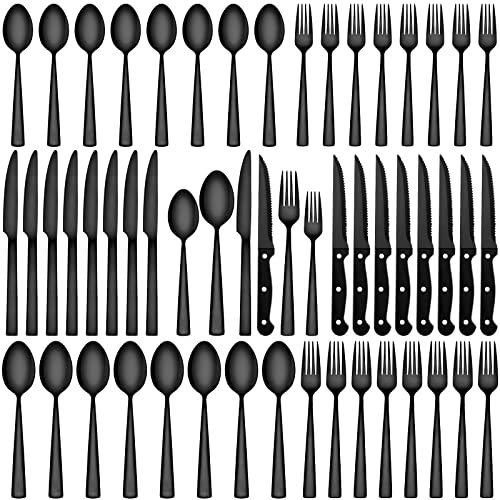72-Piece Black Silverware Sets for 12, CEKEE Stainless Steel Flatware Cutlery Kitchen Utensils Set with Steak Knives, Include Knife Forks and Spoons Set for Home Hotel, Heavy Duty & Mirror Polishe - Black - 72