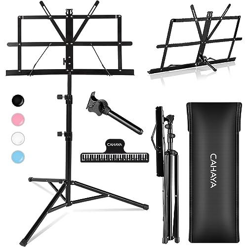 CAHAYA Sheet Music Stand Metal Portable with Carrying Bag, Music Book Clip, Portable Podium Stand, Laptop Stand Black - Small- 138 cm Height - Black