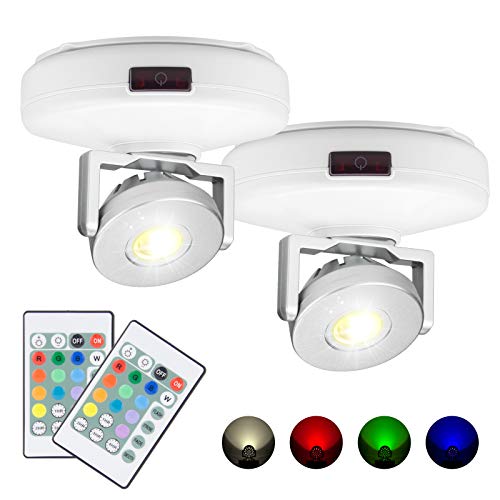 HONWELL LED Spotlight Battery Powered Wireless Ceiling Lights Remote Controlled Colors Changing Accent Light Dimmable Picture Light with Rotatable Light Head for Cabinet Artwork Dart Board 2 Pack - White 2 Pieces