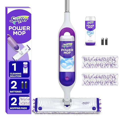 Swiffer PowerMop Multi-Surface Mop Kit for Floor Cleaning, Fresh Scent, Mopping Kit includes PowerMop, 2 Mopping Pad Refills, 1 Floor Cleaning Solution with Fresh Scent and 2 batteries - Purple and White