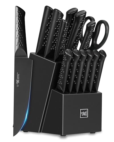 HUNTER.DUAL Knife Sets for Kitchen with Block, HUNTER.DUAL 15 Piece Knife Set with Built-in Sharpener, Dishwasher Safe, German Stainless Steel, Elegant Black - Elegant Black