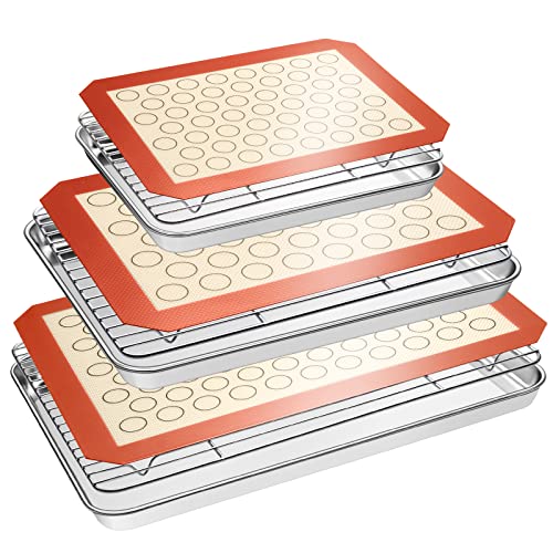 Baking Sheet Tray Cooling Rack with Silicone Mat Set, Stainless Steel Cookie Pan For Oven, Set of 9 (3 Sheets + 3 Racks Mats), Warp Resistant & Heavy Duty Easy Clean - Red