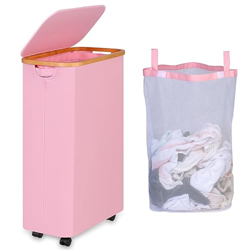 iEGrow 75L Slim Laundry Hamper with Wheels,Clothes Hamper for Laundry,Laundry Basket with Lid & Inner Bag,for Laundry Room, Bedroom, Dormitory Organization,Pink - Pink - 75L