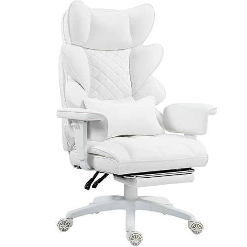 Dowinx Big and Tall Office Chair with Pocket Spring Cushion and Lumbar Support,High Back Computer Gaming Chair with Adjustable Armrests,Executive Desk Chair with Footrest,(PU Leather, White) - White - PU Leather
