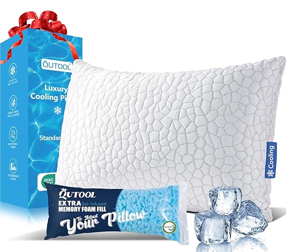 QUTOOL Cooling Bed Pillows for Sleeping Shredded Memory Foam Pillows Adjustable Gel Pillows for Side Stomach Back Sleepers Washable Removable Cover Standard Size Pack of 1 - White - Standard(1 Pack)-20'*26'