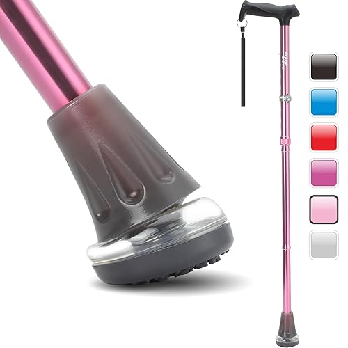 HEALTHBAZAAR All Terrain Walking Cane for Men & Women, Lightweight, Foldable, Adjustable, Shock Absorption, Collapsible, Air Cushion Cane Tip Walking Stick for Seniors & Adults - Pink - Air Cushion Cane Tip