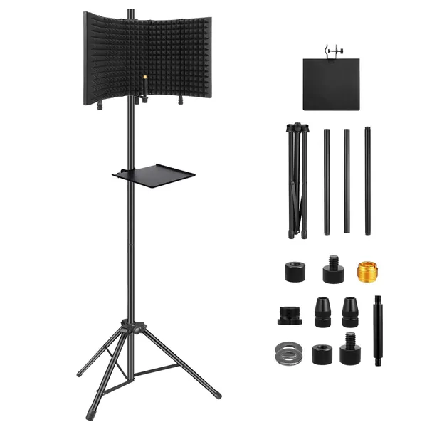 Microphone Isolation Shield with Stand, Starfavor Mic Sound Proof Shield with High Density Absorbent Foam and Tripod Stand Reflection Filter for Studio Recording, Podcasts, Singing