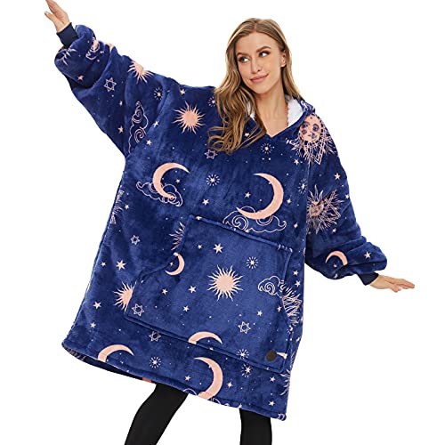 THREE POODLE Wearable Blanket Hoodie, Oversized Sherpa Blanket Sweatshirt for Adults Women Men Kids, Cozy, Warm and Fuzzy Hooded Blanket, One Size Fits All - Deep Blue Star - Adult