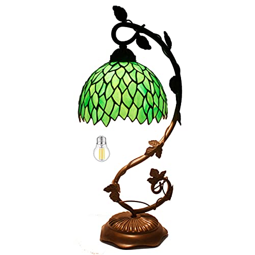 WERFACTORY Tiffany Style Lamp Green Wisteria Stained Glass Table Desk Reading Light, Metal Leaf Base 8X10X21 Inches Decor Small Space Bedroom Home Office S523 Series