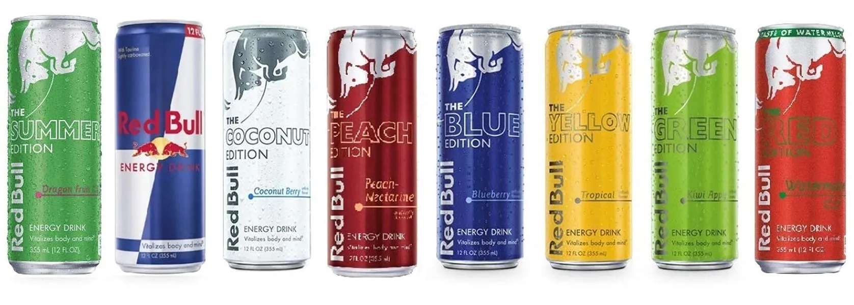New Red Bull Editions Sampler Pack: Red, Yellow, Blue, Original, Peach, Dragon Fruit, Green, Coconut Berry 12fl.oz. (Pack of 8)