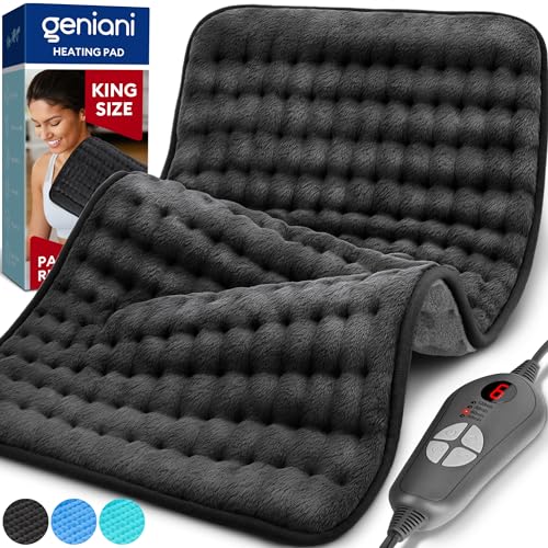GENIANI Double Sided XL Heating Pad Electric for Lower Back Pain & Period Cramps Relief, Heat Pad with 6 Heat Settings for Neck & Shoulders, Christmas Gifts for Men & Women (12"x24" Jet Black) - XL 12"x24" - Jet Black/Gray
