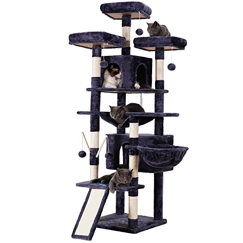 Hey-brother Cat Tree, 71 inches XL Large Cat Tower for Indoor Cats, Multi-Level Cat House with 3 Padded Perches, Big Scratcher, Cozy Basket, 2 Cat Condos and Scratching Posts, Smoky Gray MPJ034G - Smoky Gray