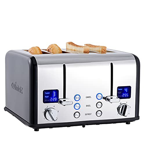 CUSIMAX 4 Slice Toaster, Ultra-Clear LED Display & Extra Wide Slots, Stainless Steel Toaster with Dual Control Panels of 6 Shade Settings, Cancel/Bagel/Defrost Function, Removable Crumb Trays, Black - Black Stainlesss Steel