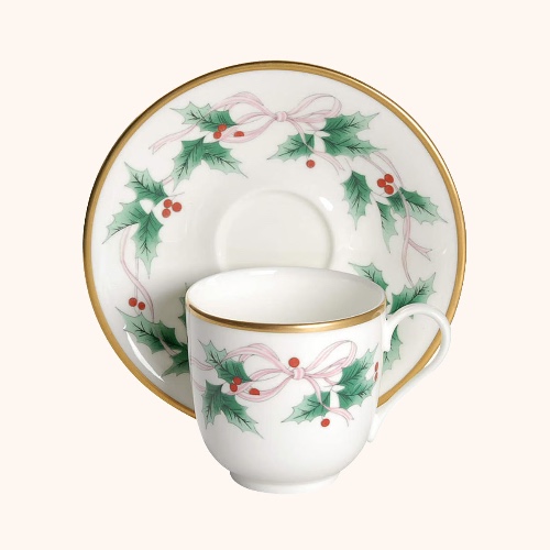 Vintage Christmas Holly Teacup & Saucer - Flat Cup Set