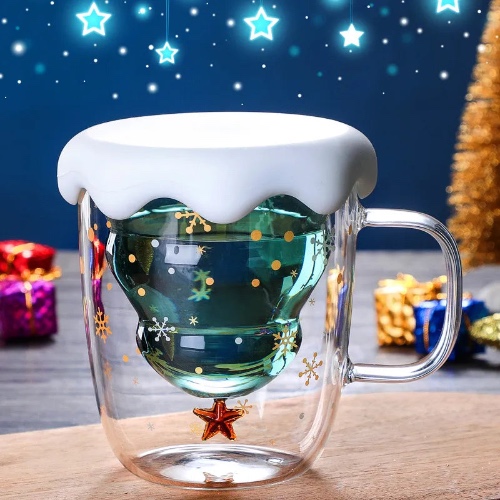 Christmas Tree Transparent Double Heat Resistant Cup Mug - with cover