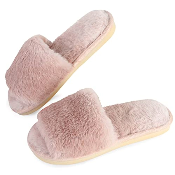 Women's Fuzzy Faux Fur Slippers Indoor , Cozy Memory Foam House Slippers for Women , Soft Flannel Open Toes Bedroom Slippers on Breathable