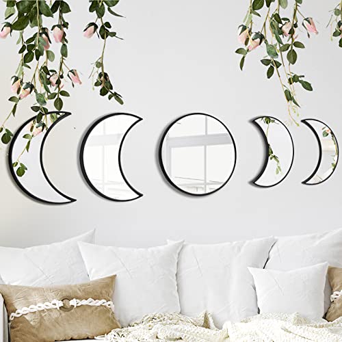 YUBAIHUI Boho Moon Phase Mirror Set for Spiritual Room Decor - Glass Moon Mirror Wall Hanging for Bedroom, Dorm, and Home Decor with Preppy and Cottagecore Vibe - Black - Glass