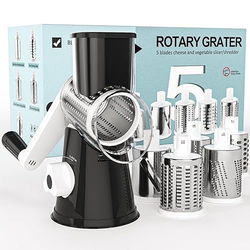 Cambom Rotary Cheese Grater Hand Crank Cheese Shredder for Fresh Cheese, Vegetable, Nuts,Non-slip Suction Base, Five Blades, Black - 5 BLADES - Black