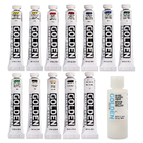 Golden Heavy Body Artist Acrylic Set - Mixing Set of 12 with Gloss Glazing Liquid, 22 ml Tubes