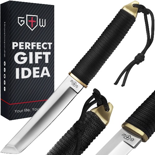 Grand Way Japanese Fixed Blade Tanto Knife - 5,9" Polished Sharp Blade - Knives with Paracord Handle - Survival Hunting Ninja Knife with Sheath - Birthday Christmas Father's Day Gift 2307 - 1 Black/Gold