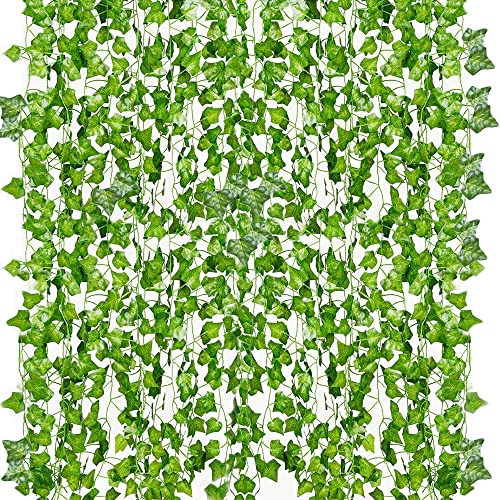 YAHUAA 12 Pack 86 Feet Fake Ivy Leaves Fake Vines Artificial Ivy Garland Greenery Hanging Plants Vines for Bedroom Decor Aesthetic, Party Wedding Wall - Green