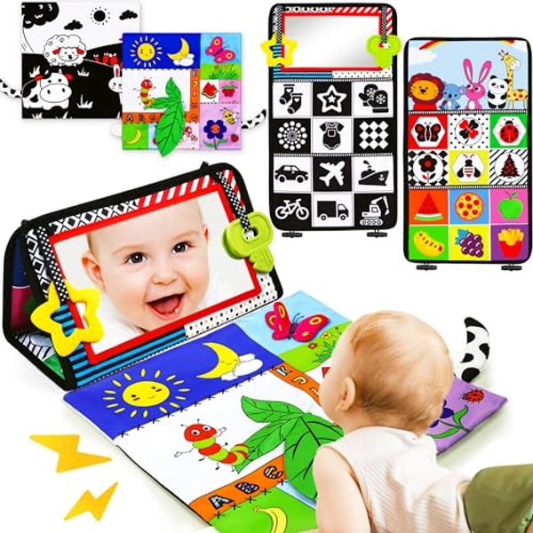 Tummy Time Mirror Baby Toys 3-6 Months Infant Newborn Toys 0-3 Months Brain Development Montessori Sensory Crinkle Toys Teether Black and White High Contrast Baby Toys 0-6 6-12 Month Boy Girl Gifts