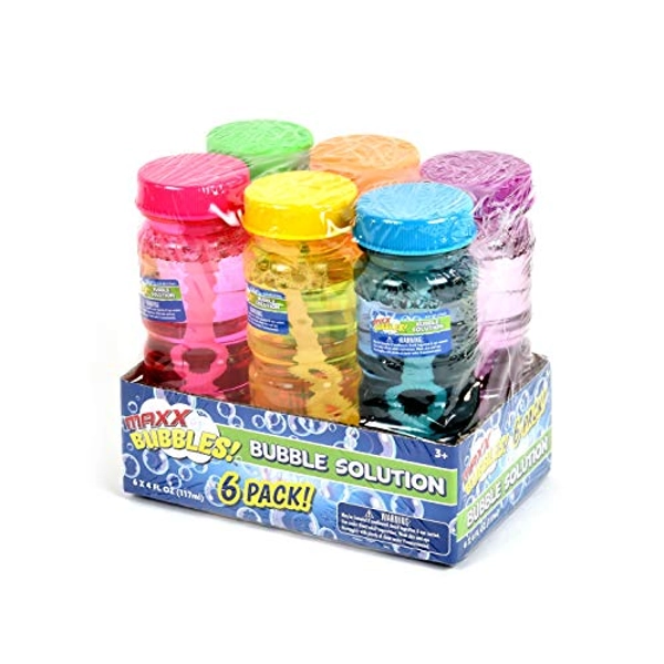 Sunny Days Entertainment 6 Pack Bubble Solution – 4oz Bubble Blower Bottles with 6-Hole Wand | Bottle of Bubble Solution for Kids | Birthday Party Favor Toy - Maxx Bubbles