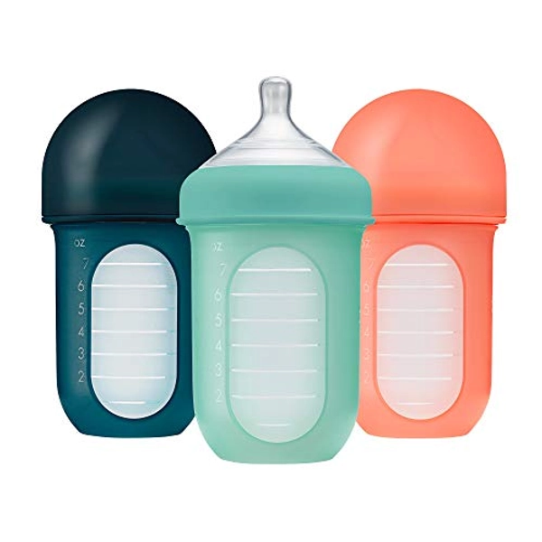Boon NURSH Reusable Silicone Baby Bottles with Collapsible Silicone Pouch Design — Everyday Baby Essentials — 3 Count — Stage 2 Medium Flow — 8 Oz — Mint