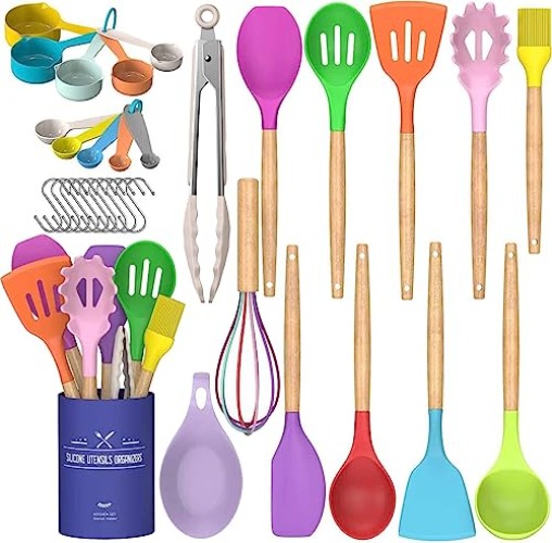 Umite Chef Kitchen Cooking Utensils Set, 33 pcs Non-stick Silicone Cooking Kitchen Utensils Spatula Set with Holder, Wooden Handle Silicone Kitchen Gadgets Utensil Set (Colorful) - Coloful