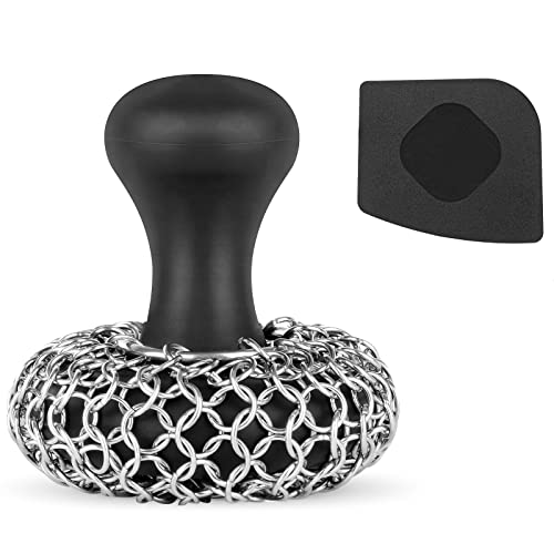 Cast Iron Scrubber + Pan Scraper - 316 Chainmail Scrubber with Silicone Handle, Cleaner for Grill Pan Skillet Wok Bakeware - Comfortable to Hold - Easy to Use Dishwasher Safe, Black - Black
