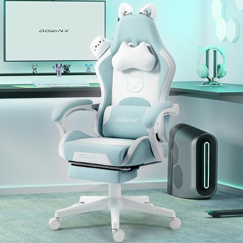 Dowinx Gaming Chair Cute with Cat Ears and Massage Lumbar Support, Ergonomic Computer Chair for Girl with Footrest and Headrest, Comfortable Reclining Game Chair 290lbs for Adult, Teen, Blue Green - Blue and White