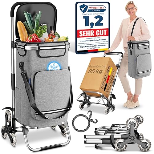 maxVitalis Einkaufstrolley Treppensteiger mit Kühlfach, Einkaufsroller klappbar, Shopping Trolley höhenverstellbar, Reflektoren, abnehmbare Tasche 43 L, Hackenporsche (Treppensteiger-Trolley, Silber) - Treppensteiger-Trolley - Silber