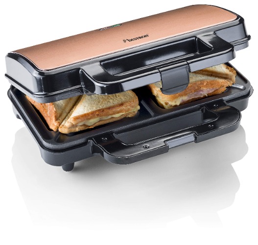 Bestron XL Sandwichmaker, Antihaftbeschichteter Sandwich-Toaster für 2 Sandwiches, 900 Watt, Schwarz/Kupfer - Kupfer