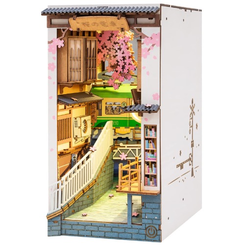 ROBOTIME Puppenhaus Kit aus Holz, Bücherecke, Bücherstand, DIY Wandbehang, Miniaturzimmer, Puzzle Haus Modellbausätze mit LED Leuchten, Zuhause, Bücherregal Dekor (Sakura Densya) - Sakura Densya