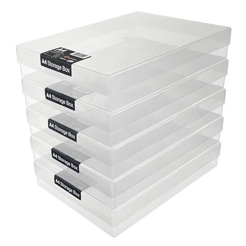 WestonBoxes Bastel-Aufbewahrungsboxen aus Kunststoff im A4-Format mit Deckel für Kunstbedarf, Papier und Karton – 5 Stück (Klar/Transparent) - Klar / Transparent